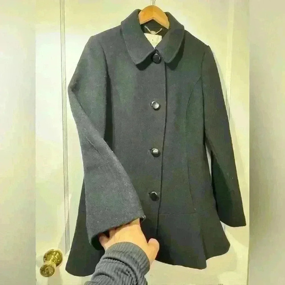 Kate Spade Black Wool Blend Peplum Pea Coat Jacket - Picture 2 of 11